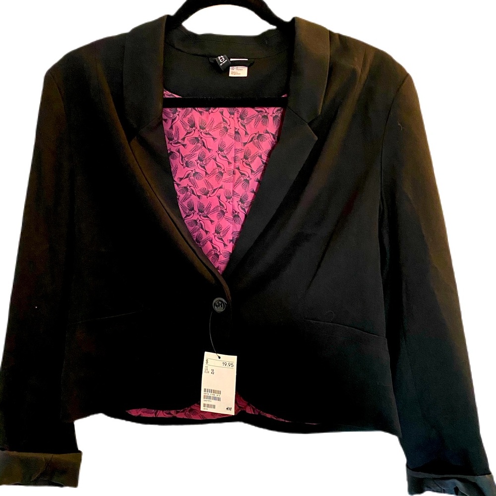 H&M women’s Black blazer pink lining with birds